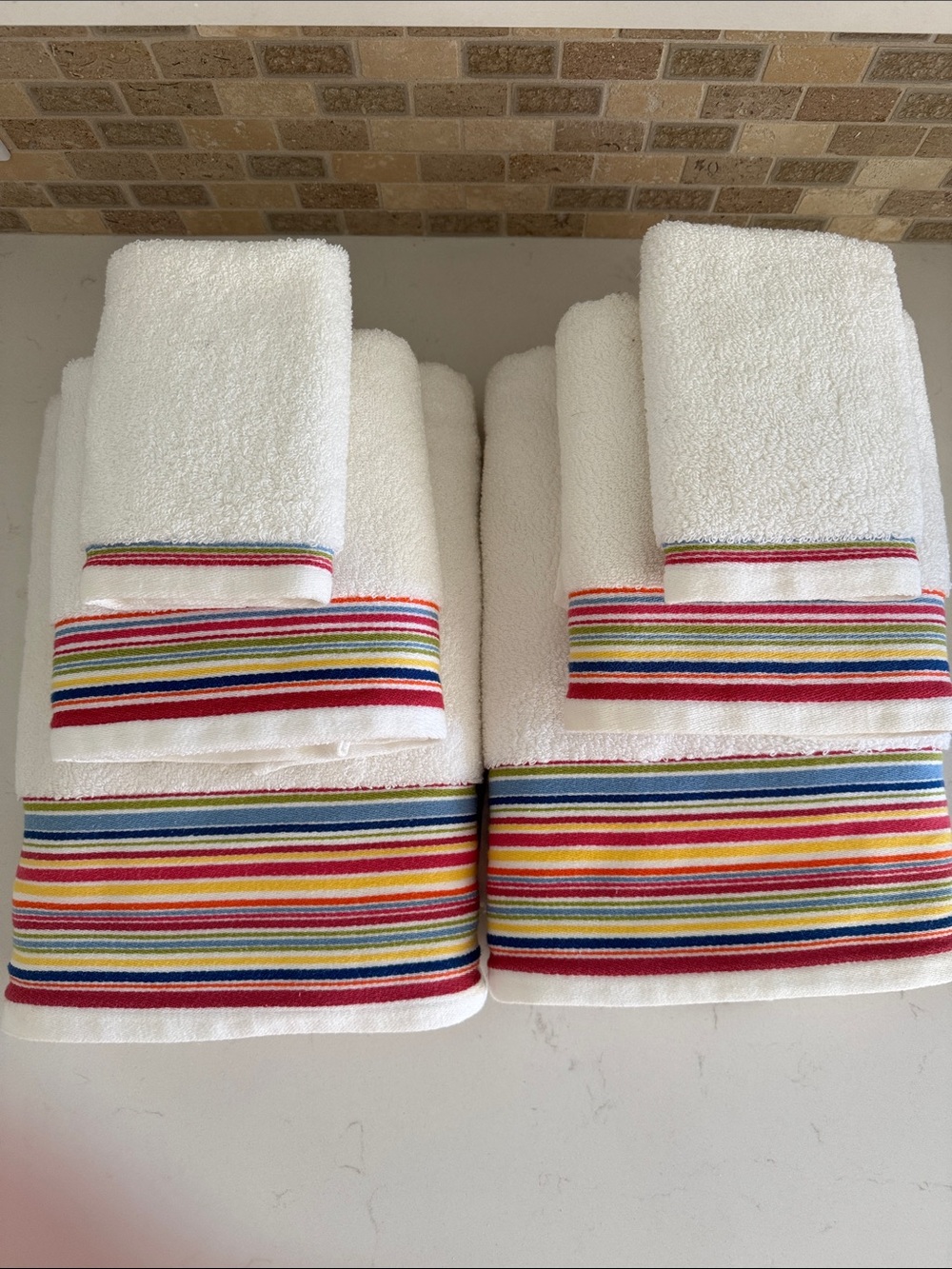 Pottery Barn White Bath Towels with Multicolor Stripe Border NWOT